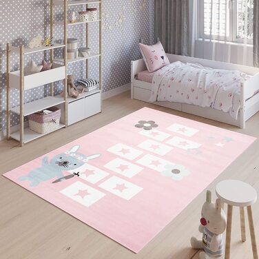 Дитячий килим TAPISO, дитячий килим з коротким ворсом, сірий, білий, рожевий, синій, сіро-коричневий, з квітами, місячний кролик, сучасна дитяча кімната (120 x 170 см, рожевий, синій)