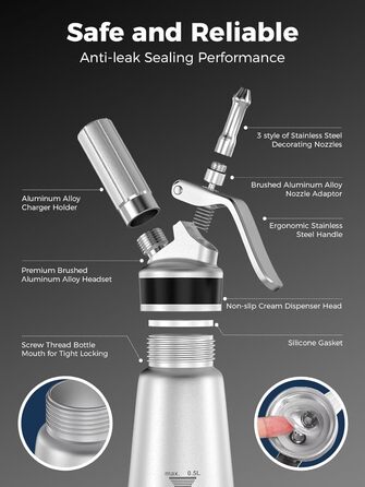 Пристрій для збивання вершків, алюмінієвий сифон для вершків 500мл, з набором насадок та аксесуарів