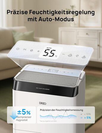 Dreo Розумний осушувач повітря - 20л, для приміщень до 37 м², з керуванням через додаток та Alexa, 3 режими, таймер, регулювання вологості, з відводом води, для спальні та ванної кімнати, білий/чорний