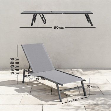 Набір з 2 садових шезлонгів з регульованою спинкою (5 положень), бічним столиком, 2 колесами та антиковзними ніжками, сірий колір