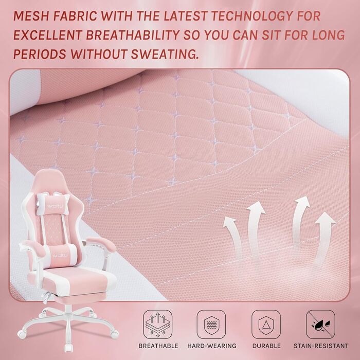 Ігровий крісло WOLTU з масажем, комп'ютерне ергономічне крісло, кишенькові пружинні подушки, масаж попереку, підголовник, підніжка, поворотне крісло, 150 кг, сітчаста тканина, Рожевий+Білий