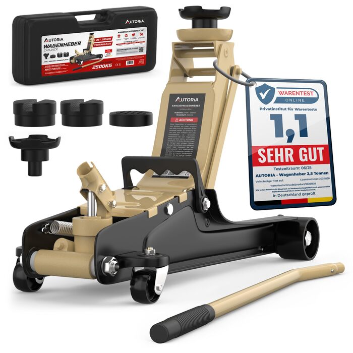 Гідравлічний домкрат Wagenheber 2.5T низькопрофільний для легкових авто та авто з заниженою підвіскою, до 2500 кг, бежевий + 3 гумові накладки та адаптер