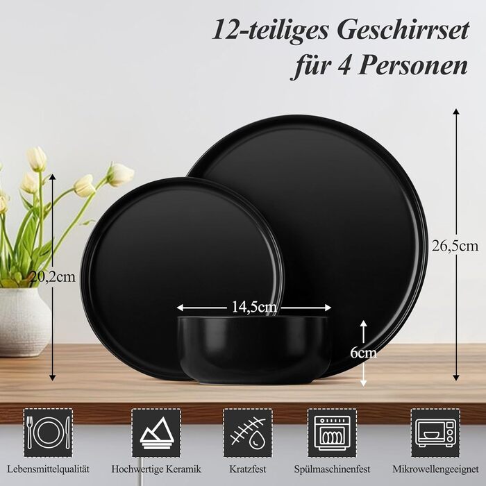 Набір посуду Joyfair на 6 осіб, 18 предметів, кераміка, чорний (Abyssal Schwarz). Тарілки обідні, десертні, миски для сніданку. Стійкий до подряпин, для мікрохвильовки та посудомийної машини