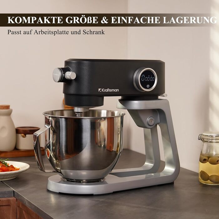 Кухонна машина 5л з місткою чашею з нержавіючої сталі, для тіста, піци, з таймером та 8 режимами. В комплекті: міксер, гак для тіста, вінчик, гнучкий вінчик. Чорний колір.