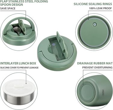 Термоконтейнер для їжі Itslife 970 мл, термоконтейнер з кришкою, з нержавіючої сталі з ложкою, термотермос для їжі, термоланчбокс для супів, дитячого харчування, каші (зелений)
