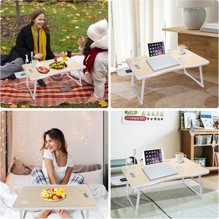Складаний столик для ноутбука з USB-портом, ручкою, відділенням для карток, тримачем для напоїв та ящиком. Білий клен.
