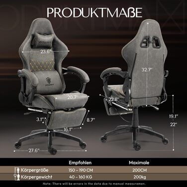 Ігрове крісло Dowinx з підніжкою, масажером попереку та офісним комфортом, до 200 кг, регулювання спинки 165°, сірий