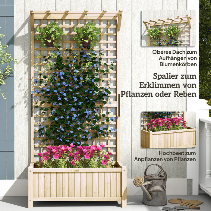 Підвищене грядка з шпалером та дахом, ящик для рослин, квітник, стійкий до погодних умов, дерево, 90 x 45 x 183 см, натуральне дерево