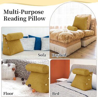 Підкова для читання Bettkeil, регульоване подушечкове ліжко, трикутна подушка, подушка-клинок, диванна подушка для попереку, шиї, подушка для підтримки спини з знімним льняним чохлом (жовтий, з подушкою для шиї 60см)