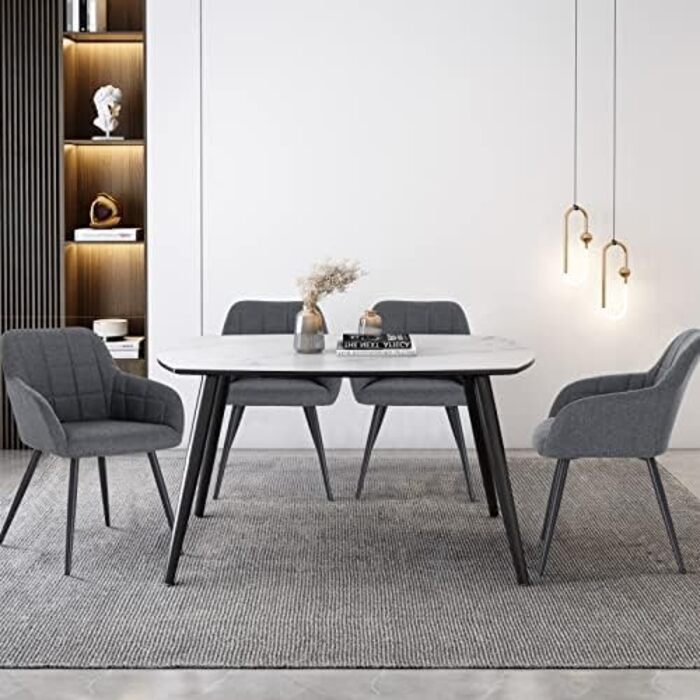 Стільці для обідньої кімнати WOLTU - 8 шт. Сучасні крісла з підлокітниками, з м'якою оббивкою з льону, металевий каркас (Темно-сірий)