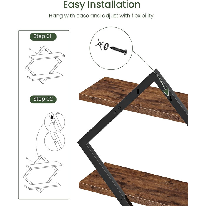 Набір плаваючих полиць Wandregal 2 шт, двоярусні настінні полиці в вітальню, спальню, кухню, офіс, коричневі та чорні DTBJ01P2BF