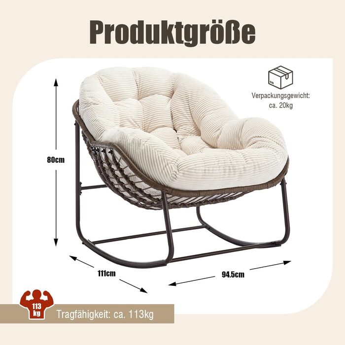 Крісло-гойдалка LIFEISLE з ротангу, для дому та саду, крісло-яйце, білий текстиль, для вітальні, балкону, саду