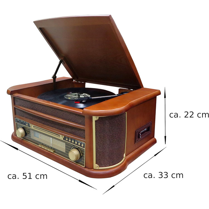 Ретро музичний центр Nostalgie з Bluetooth, касетною декою, CD/MP3/USB програвачем, радіо, програвачем вінілових платівок, AUX IN, записом MP3 та пультом