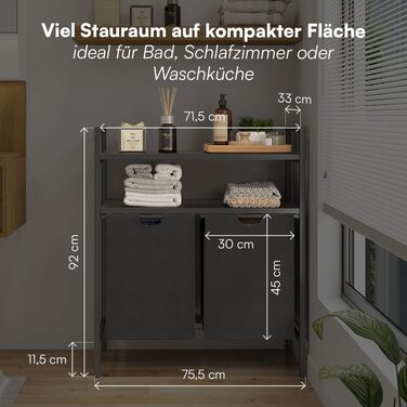 STEELSØN Rigil Кошик для білизни з 2 відділеннями та полицею з бамбука – 2 кошики по 45 л, чорний – металевий сортер для білизни з висувними мішками