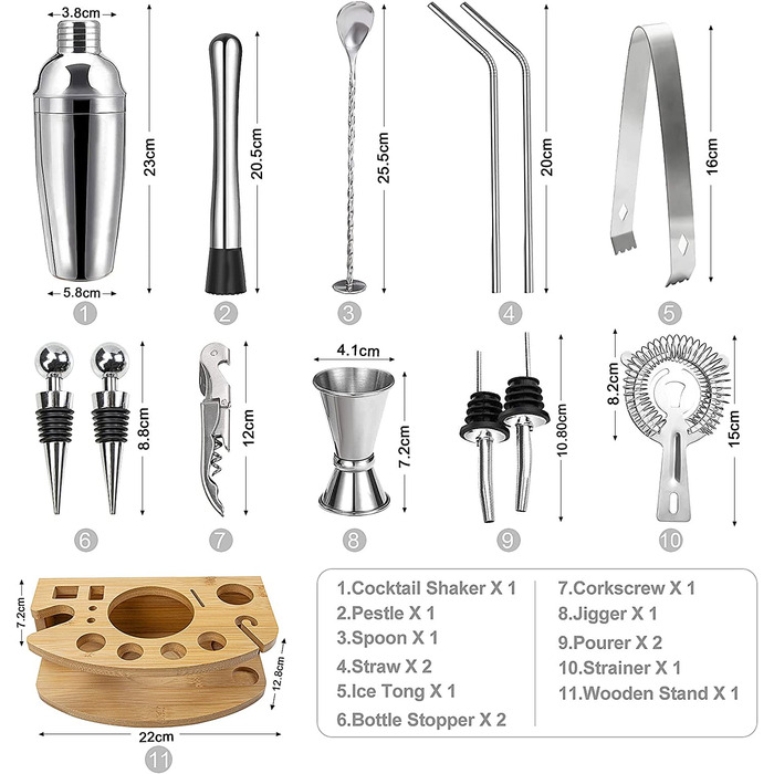 Набір для коктейлів, набір для коктейль-шейкера з нержавіючої сталі, набір для коктейль-блендера з 12 предметів з дерев'яною підставкою, мірною чашкою і барною ложкою, шейкер для коктейлів на 750 мл, подарунковий набір для будинку або бару. (13 шт.)