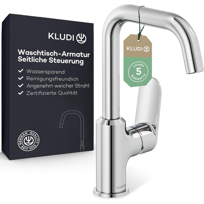 Змішувач для умивальника KLUDI-X1 з витяжним корком, поворотний на 360°, висота виливу 205 мм, водозберігаючий, розмір L, з підключувальними шлангами (без зливної арматури, хром)
