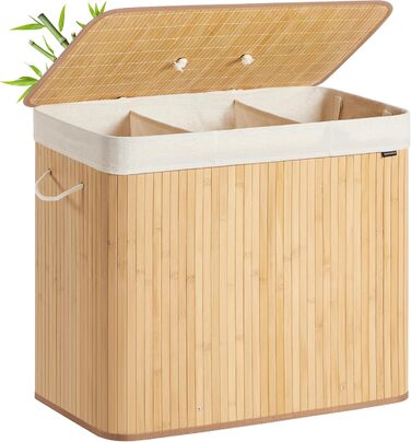 SONGMICS Кошик для білизни з кришкою, 2 відділення, бамбук, складний, знімний мішок для прання, з ручками, 170 л, для ванної кімнати, спальні, LCB014Y01