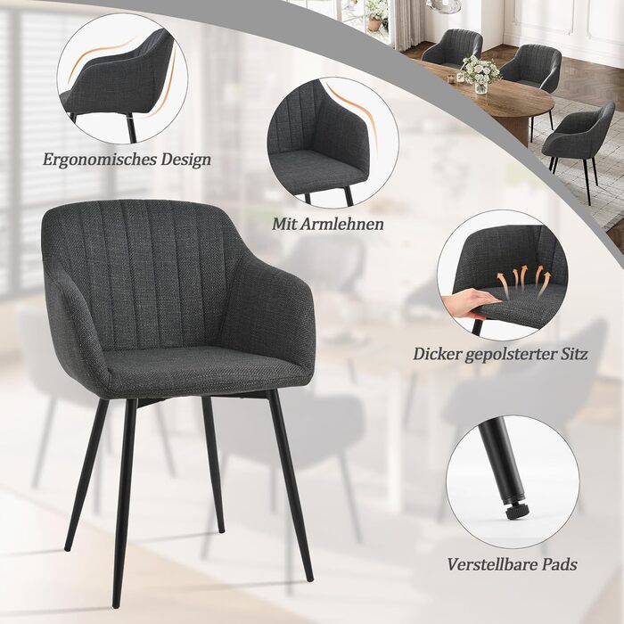 Набір обідніх стільців з підлокітниками, 2 шт., чорно-сірий. М'яке сидіння з поліестеру для кухні, вітальні, спальні