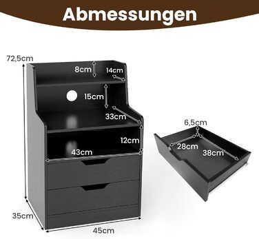 Нічний столик COSTWAY з LED-підсвіткою та зарядкою, 2 шухляди, відкриті полиці, пульт дистанційного керування, 45 x 35 x 72,5 см (Чорний)