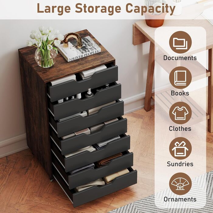 Роликовий контейнер GIANTEX з 5 висувними ящиками, комод на колесах під стіл, офісний шафчик для дому та офісу (білий, чорний + коричневий), 49 x 40 x 87 см