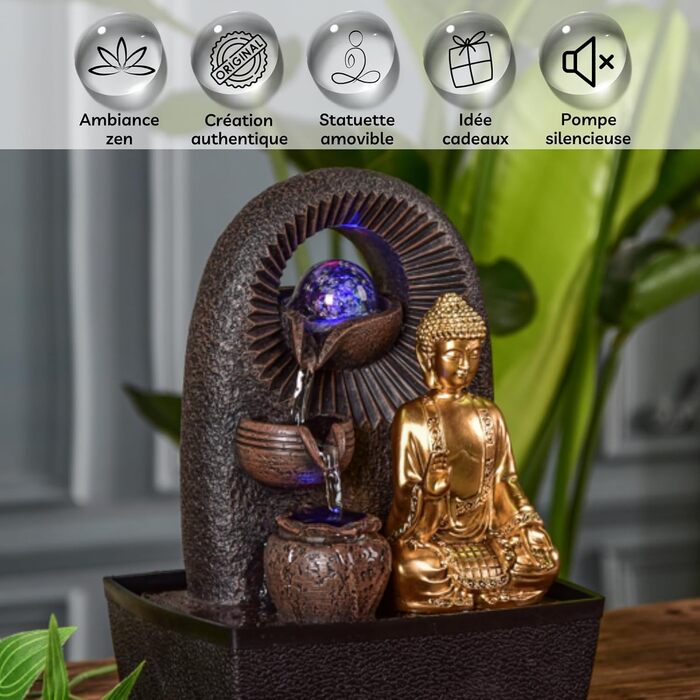 Джерело води Zen'Light від Zimmerbrunnen з Буддою та LED-підсвічуванням. Сучасна декорація для медитації та релаксації. Об'єкт Фен-Шуй, висота 26 см, колір горіх (Bhava)