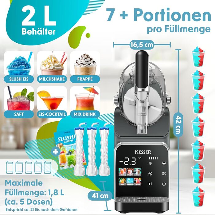 Машина для приготування сляш KESSER® - сляш-мейкер 2л - для сляш, коктейлів, фраппе, молочних коктейлів та замороженого соку - 25 хв та 6 програм - 3 стаканчика та книга рецептів в комплекті, антрацит