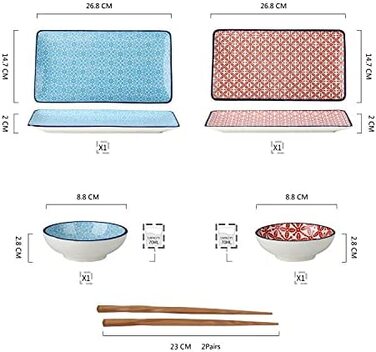 Ванкассо порцелянові миски для занурення, Маракон 8 шт. миски різнокольорові, миски для закусок діаметром 8,8 см, сервірувальні миски (суші набір з 6 шт. (синій, червоний))