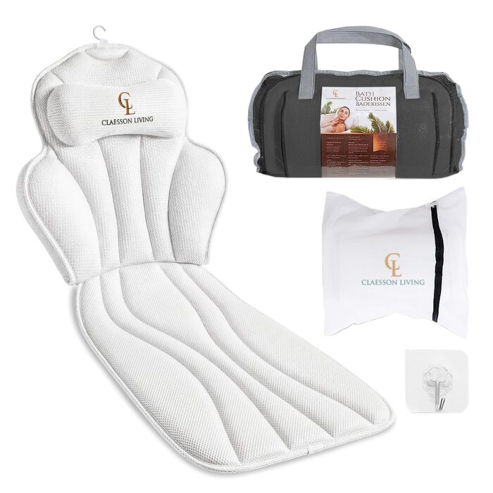 Подушка для ванни повне тіло (152x56 см) з підголівником (11 см) - біла. Підтримка шиї, спини та ніг. З сумкою для прання та подорожей, гачком для сушіння.