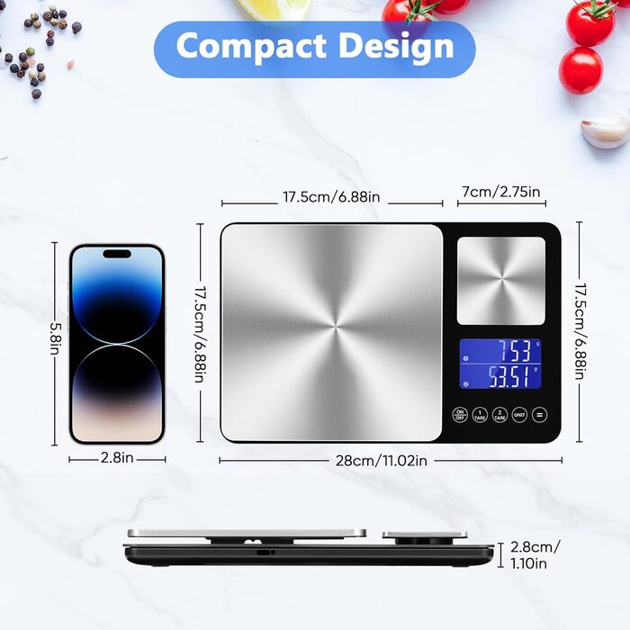 Кухонні ваги Dr. Cowu з подвійною платформою, 15 кг/1 г та 500 г/0.01 г, цифрові, з тарою, підрахунком, автовимкненням, для кухні, ювелірних виробів, випічки та приготування їжі