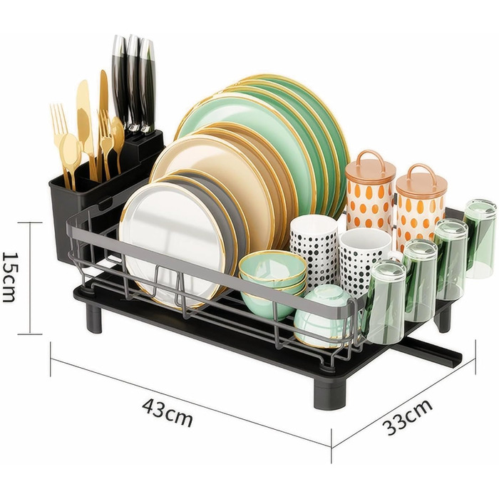 Сушарка для посуду JOUING з тримачем для столових приборів, піддон для крапель, металева полиця для посуду, сірий