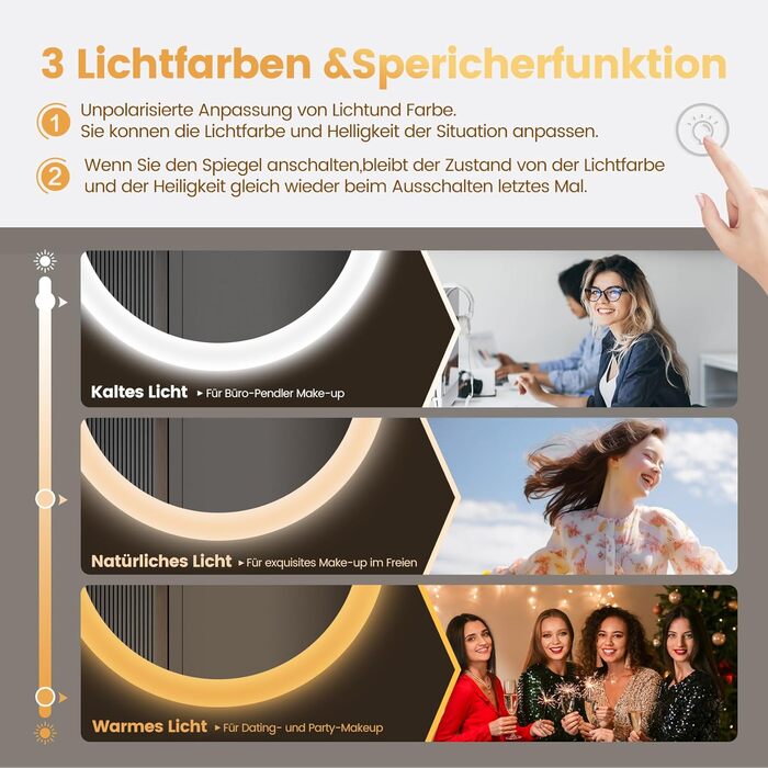 Дзеркало для ванної кімнати YOLEO з підсвічуванням 70см, LED дзеркало з Bluetooth, сенсорне управління, захисне скло, 3 кольори світла, регулювання яскравості, 70x70 см