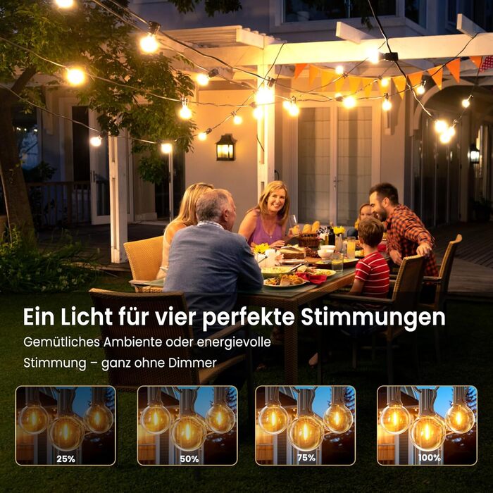 Ланцюжок прикрас для зовнішнього використання, 15м, з 25+2 LED-лампочками G40, тепле біле світло 2700K, IP65, вологостійкий, для саду, тераси, вечірок, чорний