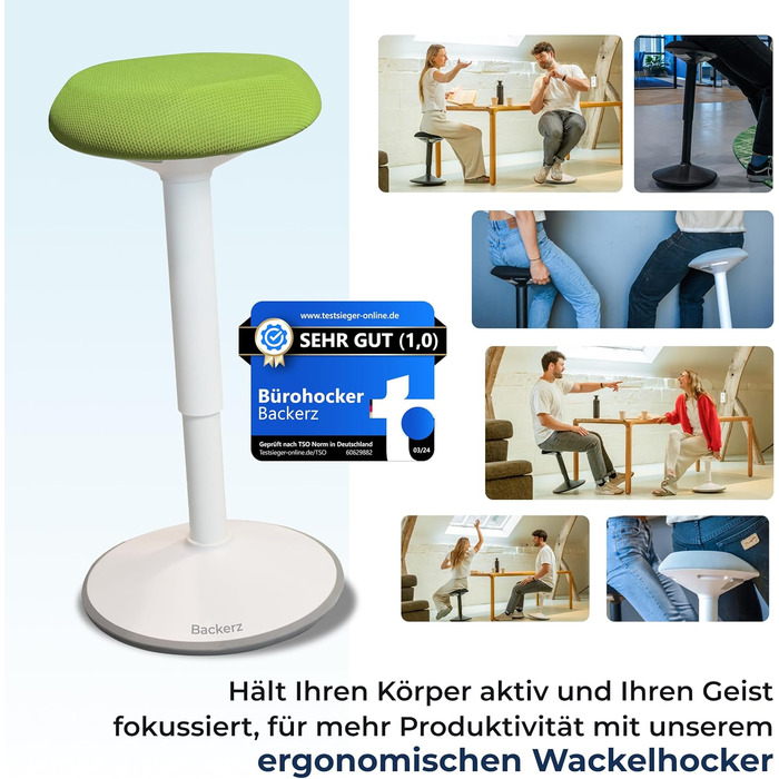 Ергономічний стілець-хокер для офісу та дому, регульована висота 55-80 см, зелений, з ефектом балансування