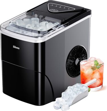 Машина для приготування льоду Silonn, самоочисна, чорна, 2.0L, 9 кубиків за 6 хвилин, 12 кг за 24 години, 2 розміри кубиків для кухні, офісу, бару та вечірки