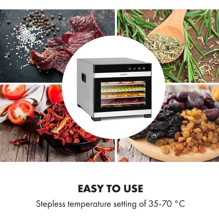 Електричний дегідратор Klarstein Flavour Dry з нержавіючою сталлю, 6 решіток, LCD-дисплеєм, таймером та 360° циркуляцією повітря