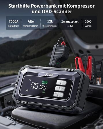 Powerbank-пусковий пристрій UTRAI 7000A з компресором та OBD-сканером. 2000 люмен LED, 160W DC, для бензинових та дизельних авто