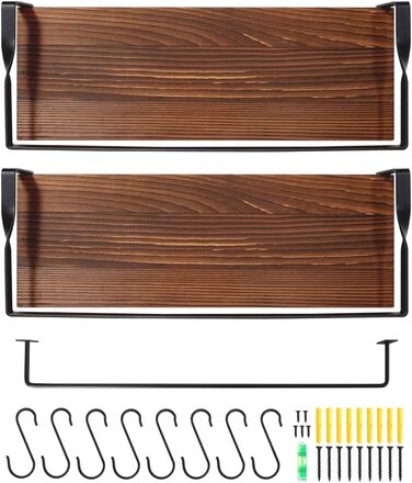 Набір навісних дерев'яних полиць Uten у рустикальному стилі з тримачем для рушників, 2 шт., світло-коричневий (ретро-кава) для ванної, кухні, вітальні та спальні