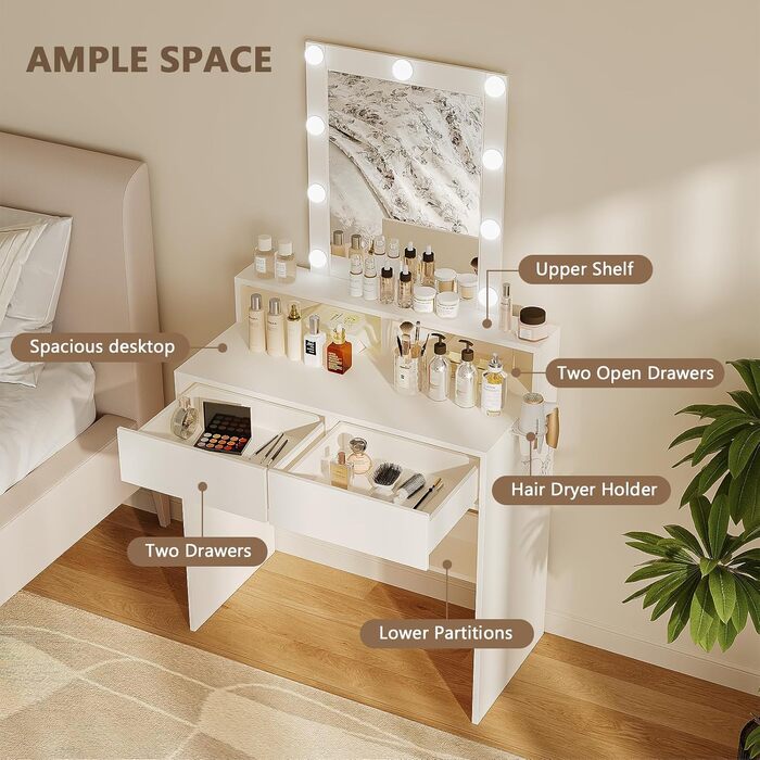 Трюмо JUMMICO з LED-підсвічуванням та дзеркалом, регульована яскравість та колірна температура, косметичний столик з 9 LED-лампочками, білий