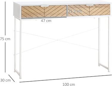 Сучасний консольний стіл HOMCOM з 2 ящиками, металевий каркас, журнальний столик для вітальні, білий