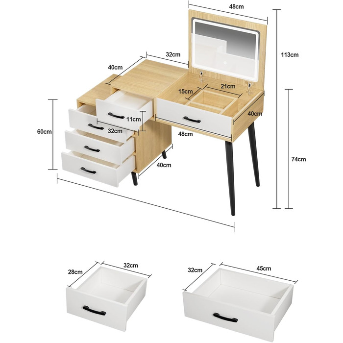 Трюмо ZenkiHome з дзеркалом та підсвіткою, ширина регулюється від 80 до 120 см, колір дуб