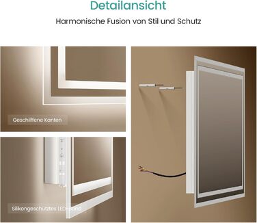 Дзеркало для ванної кімнати EMKE з підсвічуванням 40x60 см LED, антизапарник, холодний/теплий білий, з кнопкою, алюмінієва рама, IP44, енергозберігаюче