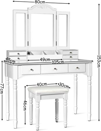 Туалетний столик з табуреткою, 3-х складне дзеркало, 8 гачків, 7 висувних ящиків, білий, 4LIFE