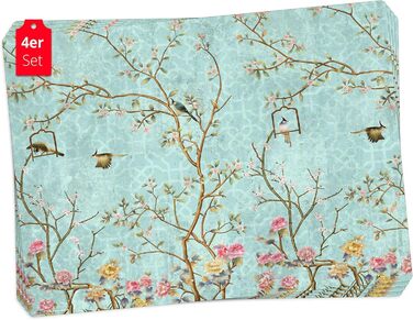 Набір килимків на стіл | Килимок для столу, миється - Квітковий вінтажний мотив з птахами - з високоякісного вінілу (пластик, BPA-free) - 4 шт. - Антиковзка підставка для столу - Килимок на стіл - Зроблено в Німеччині