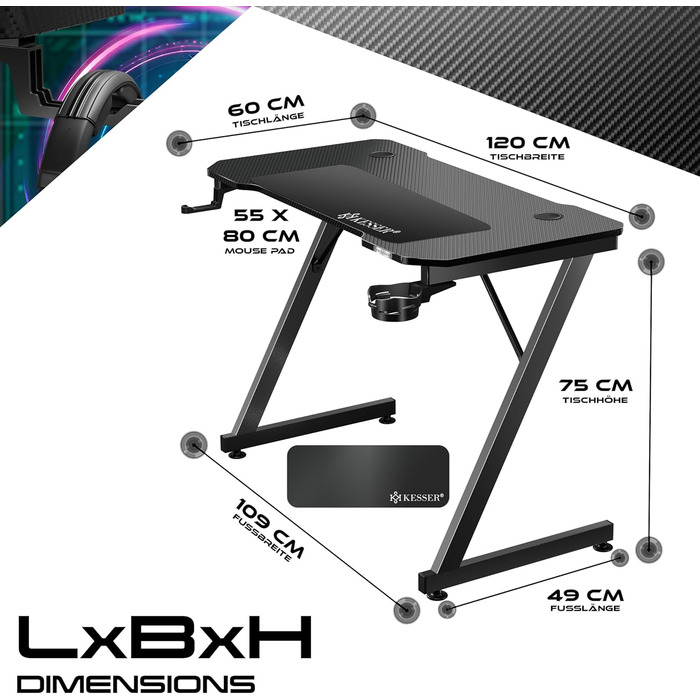 КЕССЕР® Ігровий стіл з підсвічуванням LED 140x60 см | З-подібний стіл для геймерів | Кріплення для навушників та вугільна обробка | Ергономічний стіл для ПК | Стабільний стіл з тримачем для напоїв, чорний