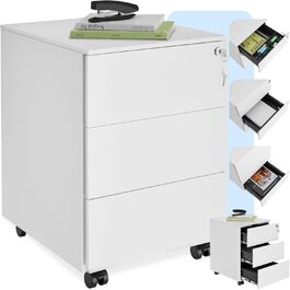 Шкафчик для офісу tectake® з металу, з ключем, на колесах, з висувними ящиками. Органайзер для столу, мобільний шафчик, білий