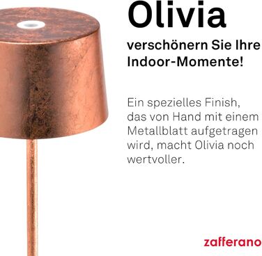 Zafferano Olivia Pro - портативна та перезаряджувана настільна лампа з торканням, для вітальні та вулиці, регулювання яскравості, 2700-3000K, висота 35 см (мідно-латунний лист)
