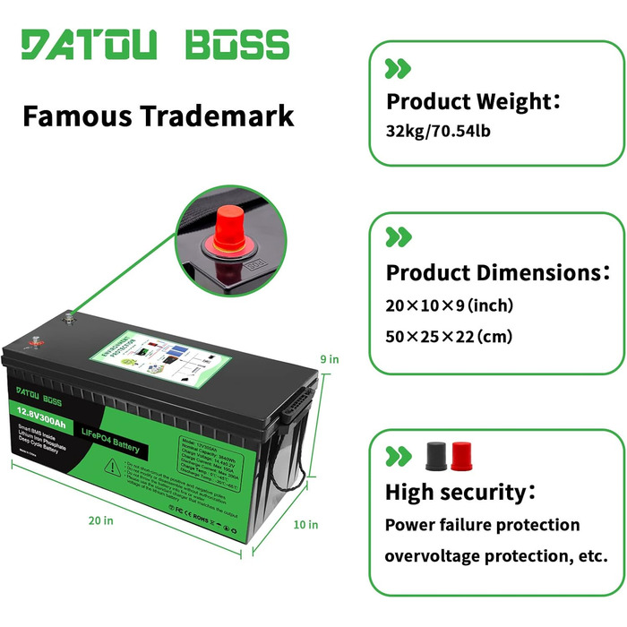 Акумулятор DATOUBOSS 12V 300Ah LiFePO4, 200A BMS, 8000 циклів, 3840 Вт, для сонячної батареї, автофургону, автономного живлення