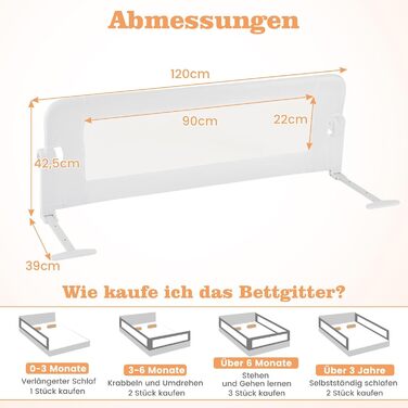 Бортик для ліжка COSTWAY складаний, захисний бар'єр для ліжка з регульованими ременями, швидке складання в один клік, захист від випадання для батьківських та дитячих ліжок (Сірий, 120x42 см)