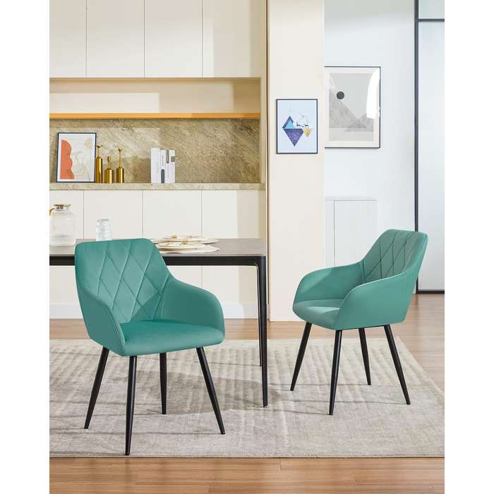 Набір обідніх стільців Woltu з підлокітниками та спинкою, для вітальні, кухні, їдальні. М'які стільці з оксамитовим покриттям, металеві ніжки, (Турквіс, 8 шт.)