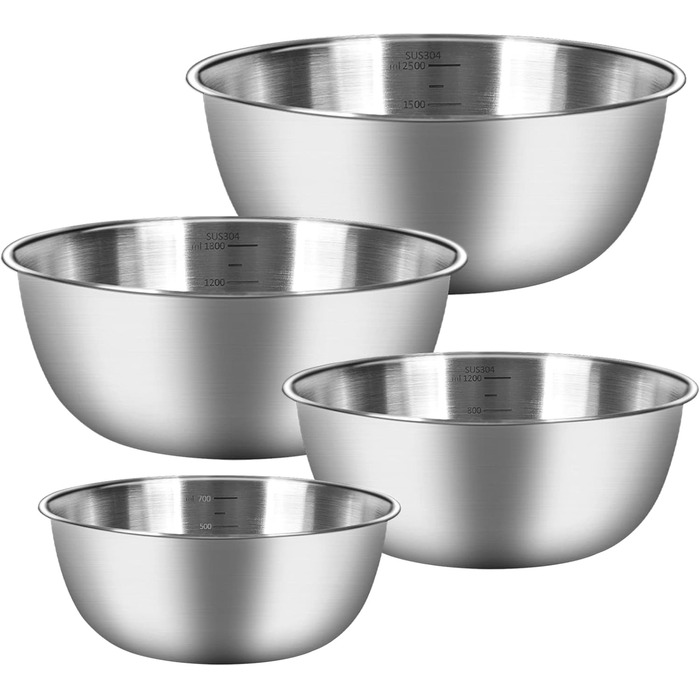 Набір мисок для перемішування [5 шт] з нержавіючої сталі, 5 розмірів (0.7 л/ 1.2 л/ 1.8 л/ 2.5 л/ 3.5 л), придатні для миття в посудомийній машині. Салатники, миски для снеків та універсальні миски.